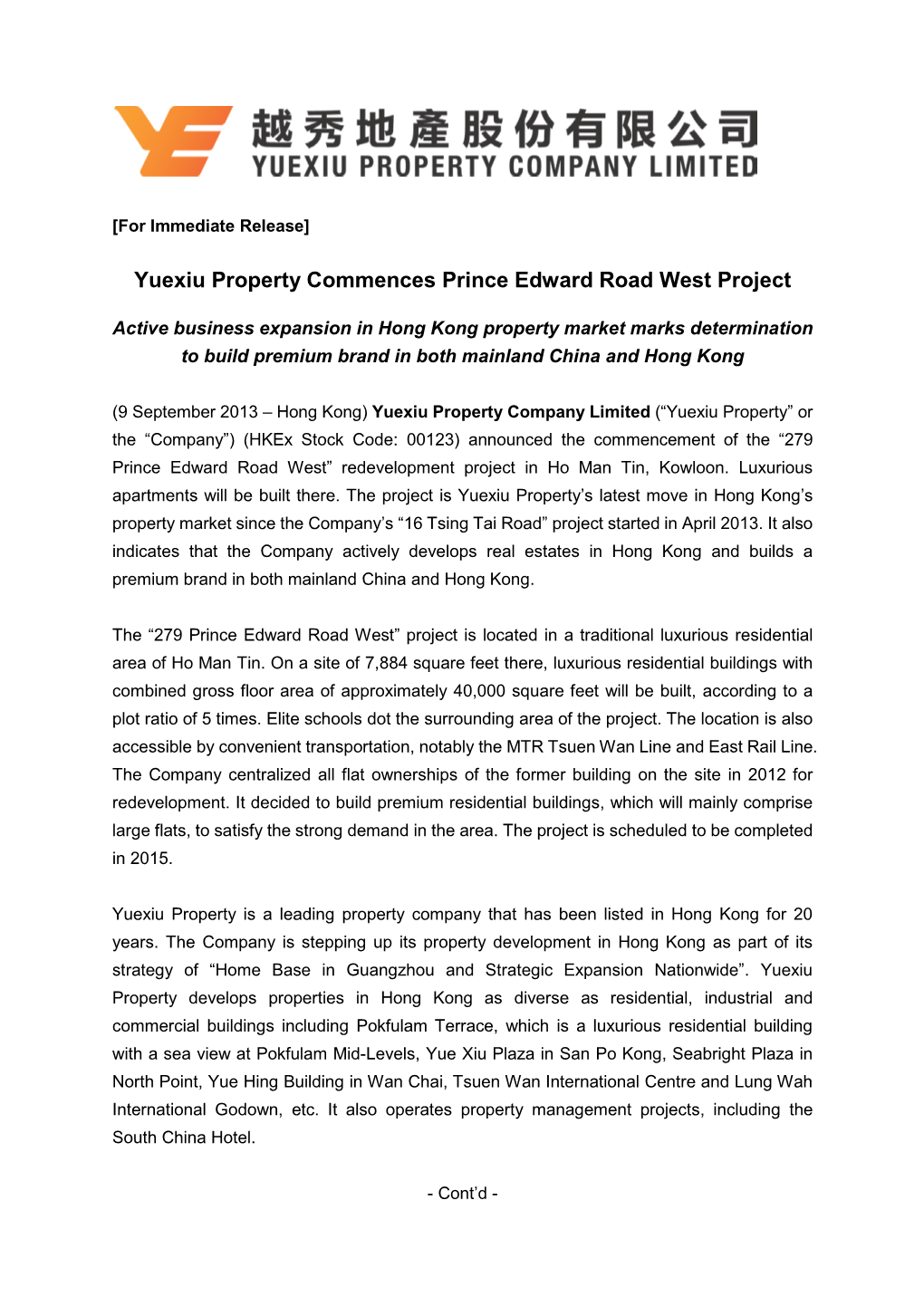Yuexiu Property Commences Prince Edward Road West Project