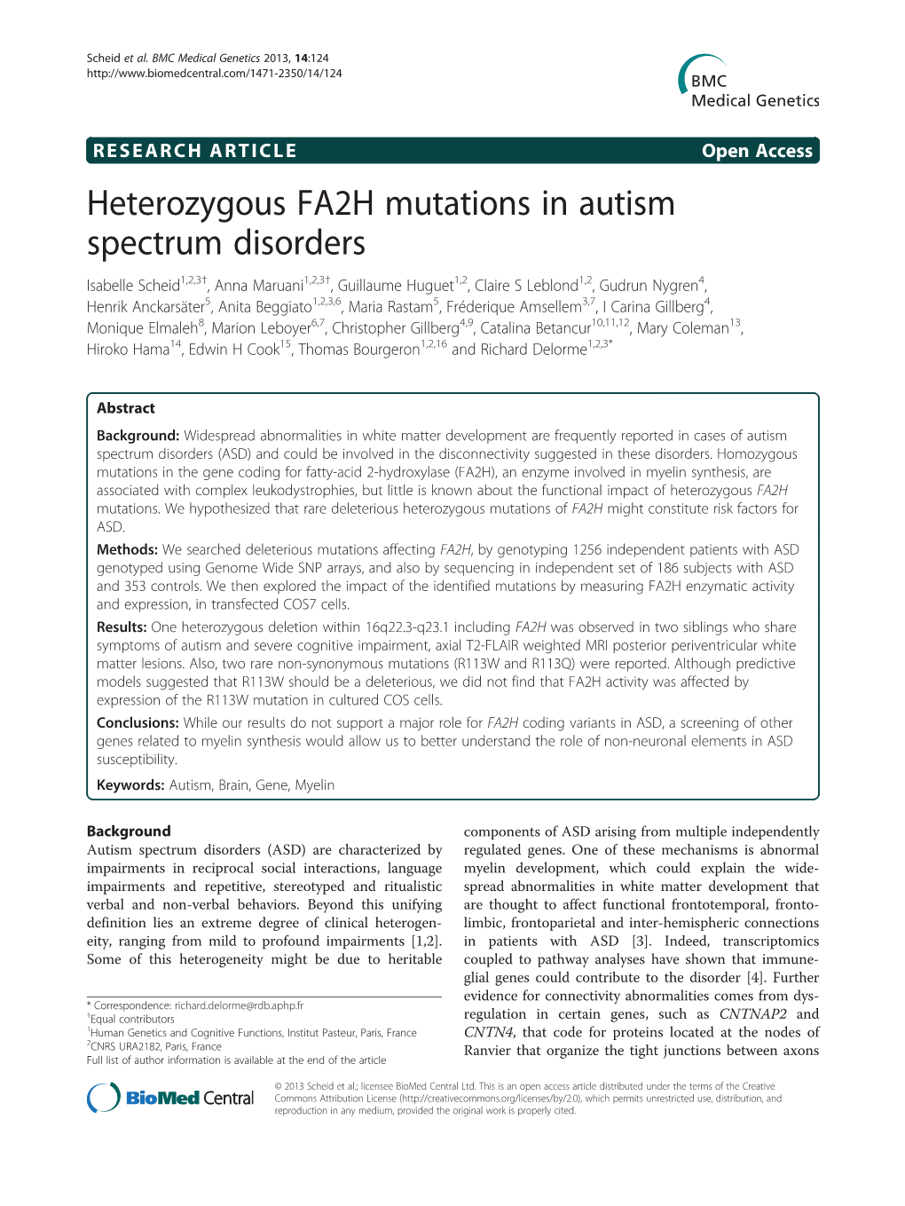 Heterozygous FA2H Mutations in Autism Spectrum Disorders