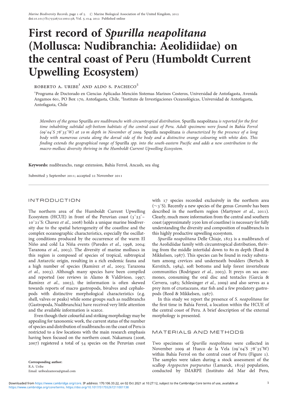 Mollusca: Nudibranchia: Aeolidiidae) on the Central Coast of Peru (Humboldt Current Upwelling Ecosystem) Roberto A