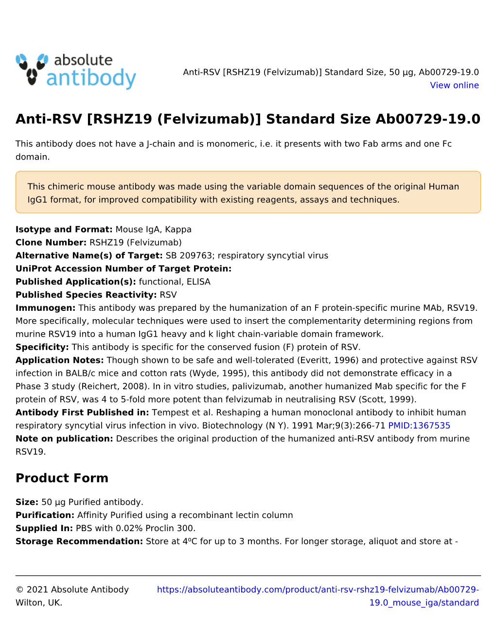 Anti-RSV [RSHZ19 (Felvizumab)] Standard Size Ab00729-19.0