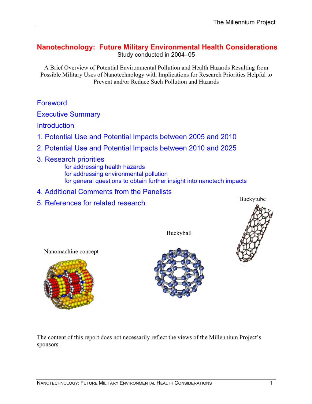 Nanotechnology: Future Military Environmental Health Considerations Study Conducted in 2004–05