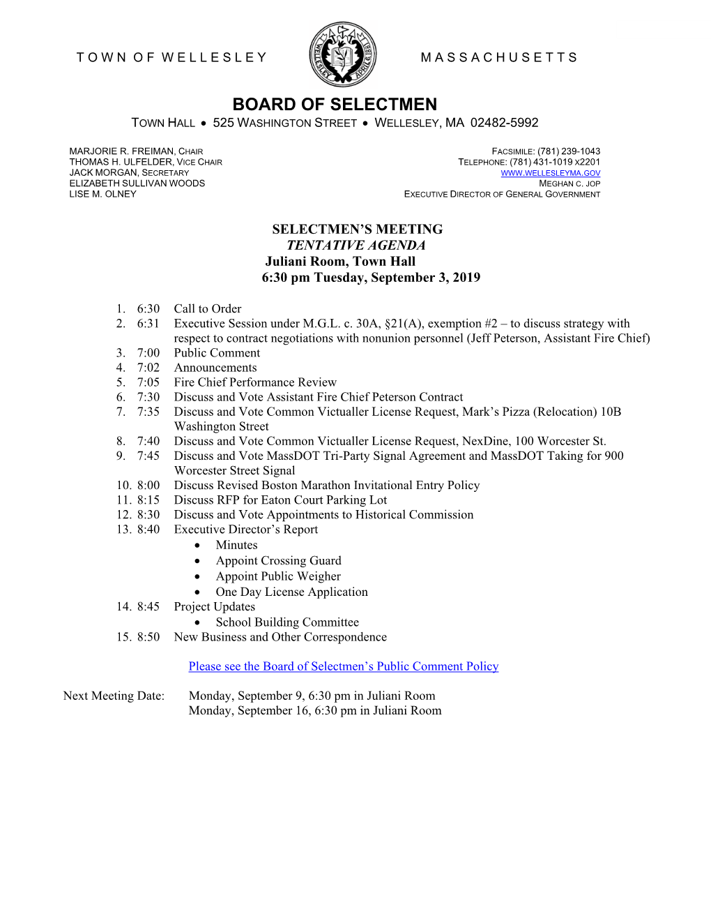 Board of Selectmen Town Hall  525 Washington Street  Wellesley, Ma 02482-5992