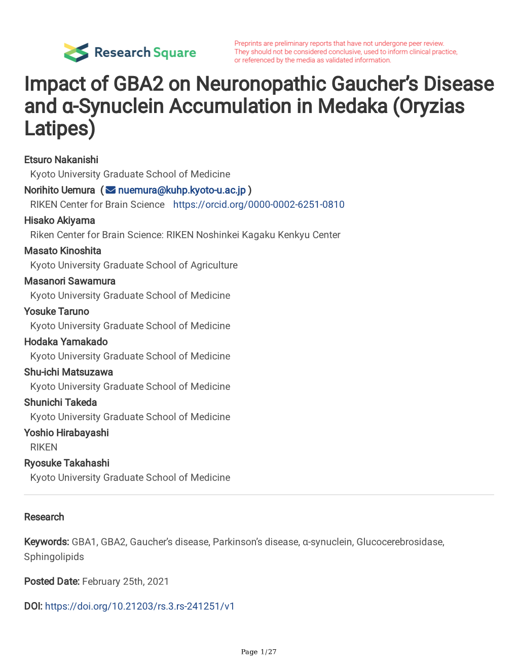 Impact of GBA2 on Neuronopathic Gaucher's Disease and Α-Synuclein