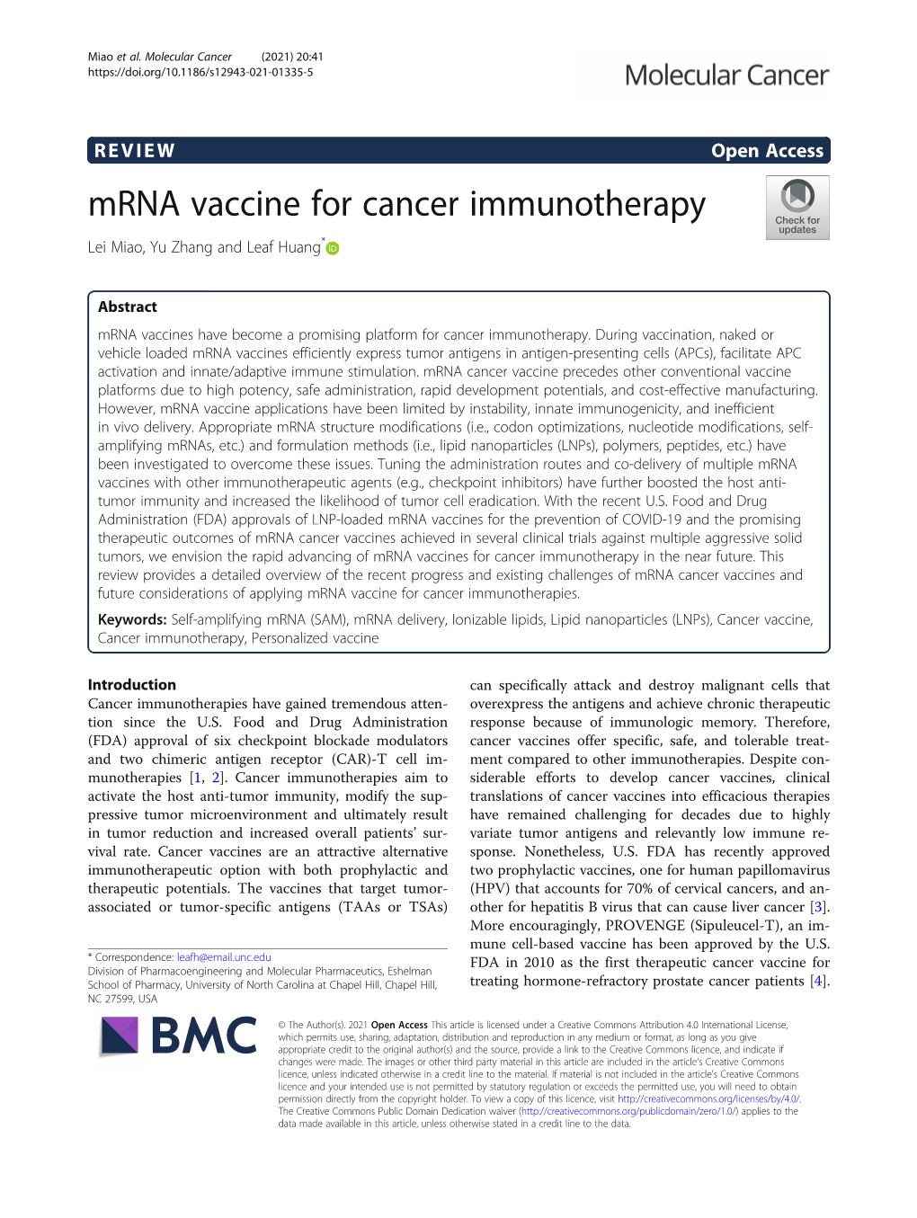 Mrna Vaccine for Cancer Immunotherapy Lei Miao, Yu Zhang and Leaf Huang*