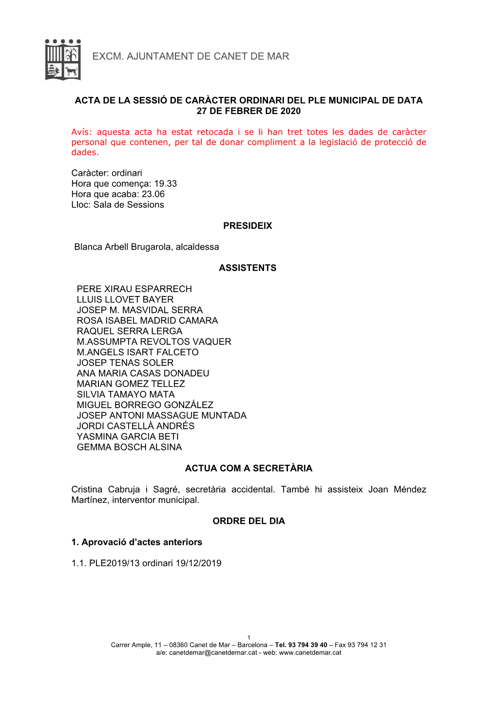 Acta De La Sessió De Caràcter Ordinari Del Ple Municipal De Data 27 De Febrer De 2020