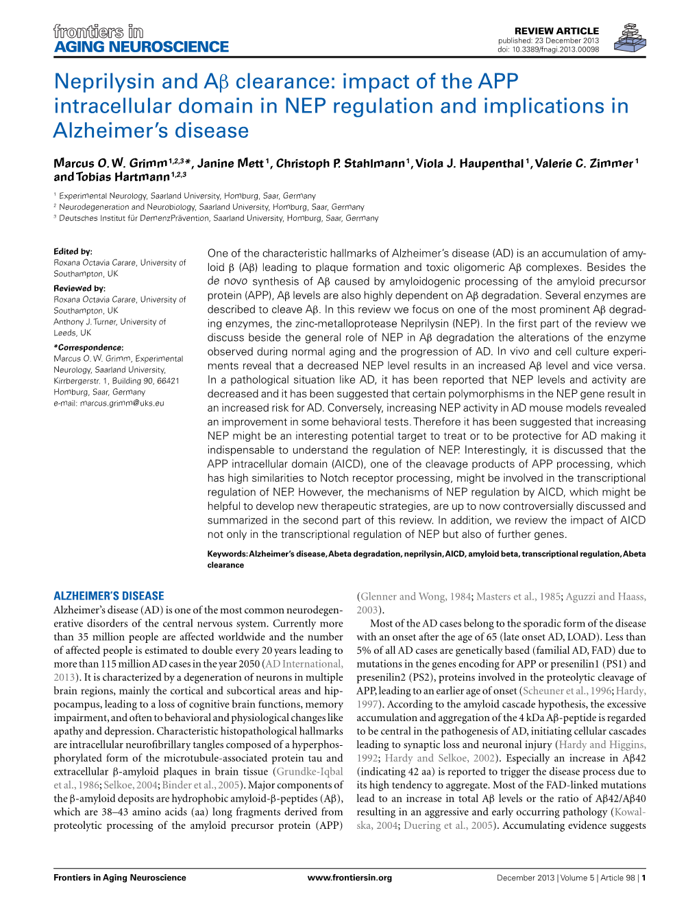 Neprilysin and Aβ Clearance: Impact of the APP Intracellular Domain in NEP Regulation and Implications in Alzheimer’S Disease