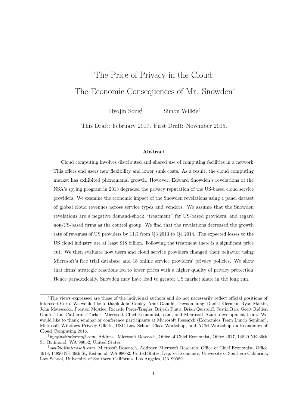 The Price of Privacy in the Cloud: the Economic Consequences of Mr