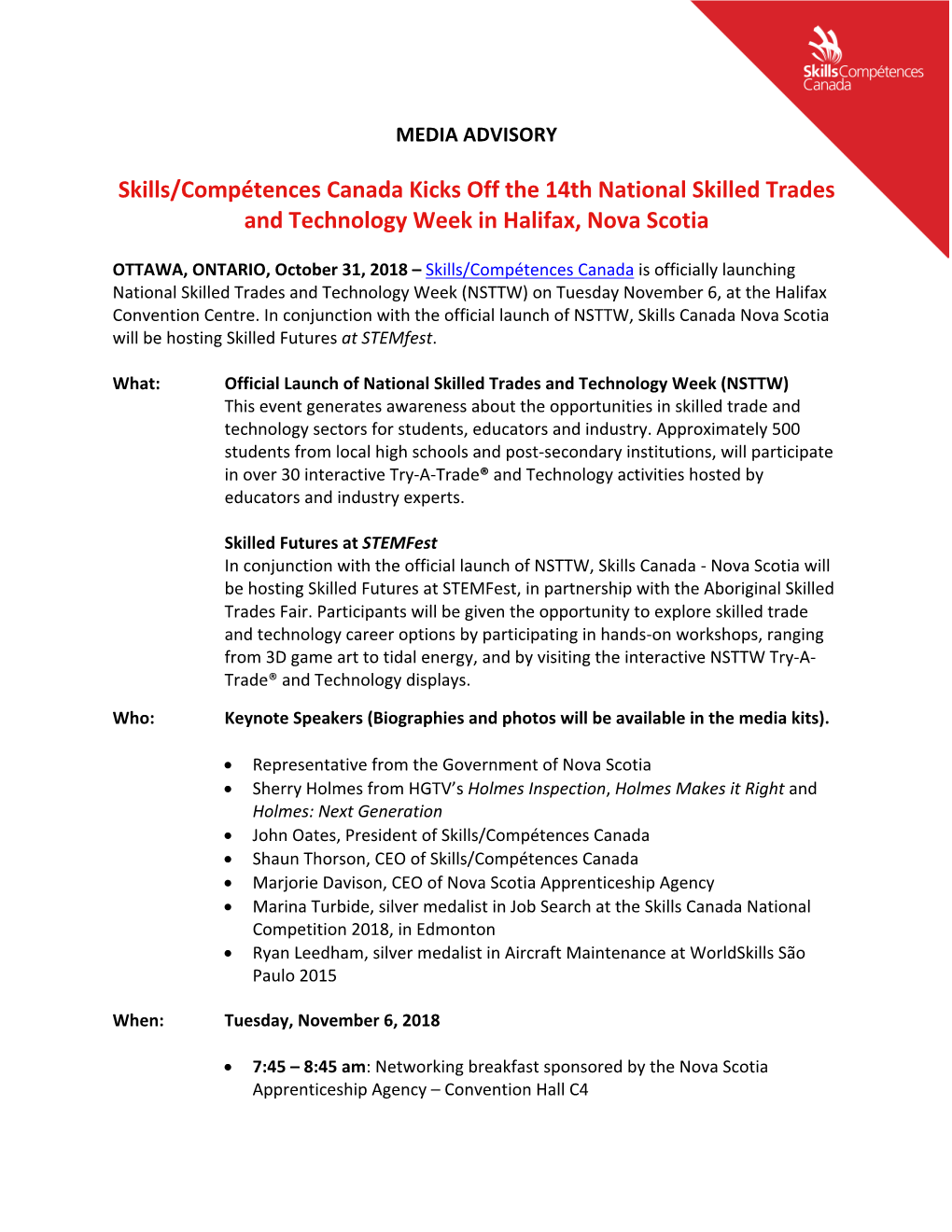 Skills/Compétences Canada Kicks Off the 14Th National Skilled Trades and Technology Week in Halifax, Nova Scotia