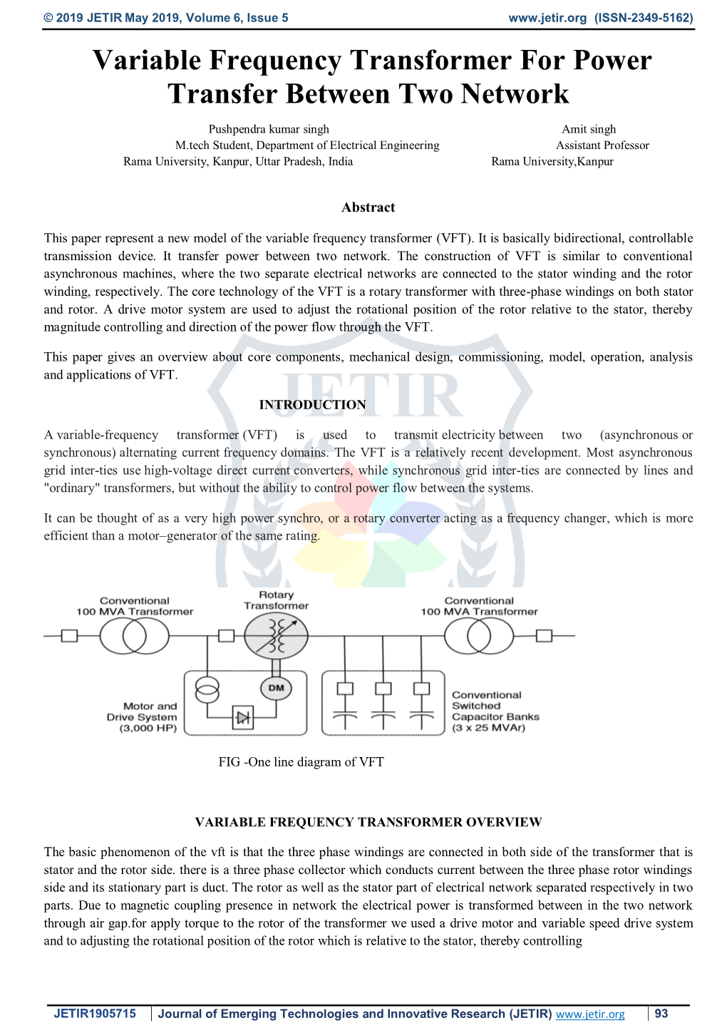 Variable Frequency Transformer for Power Transfer Between Two Network