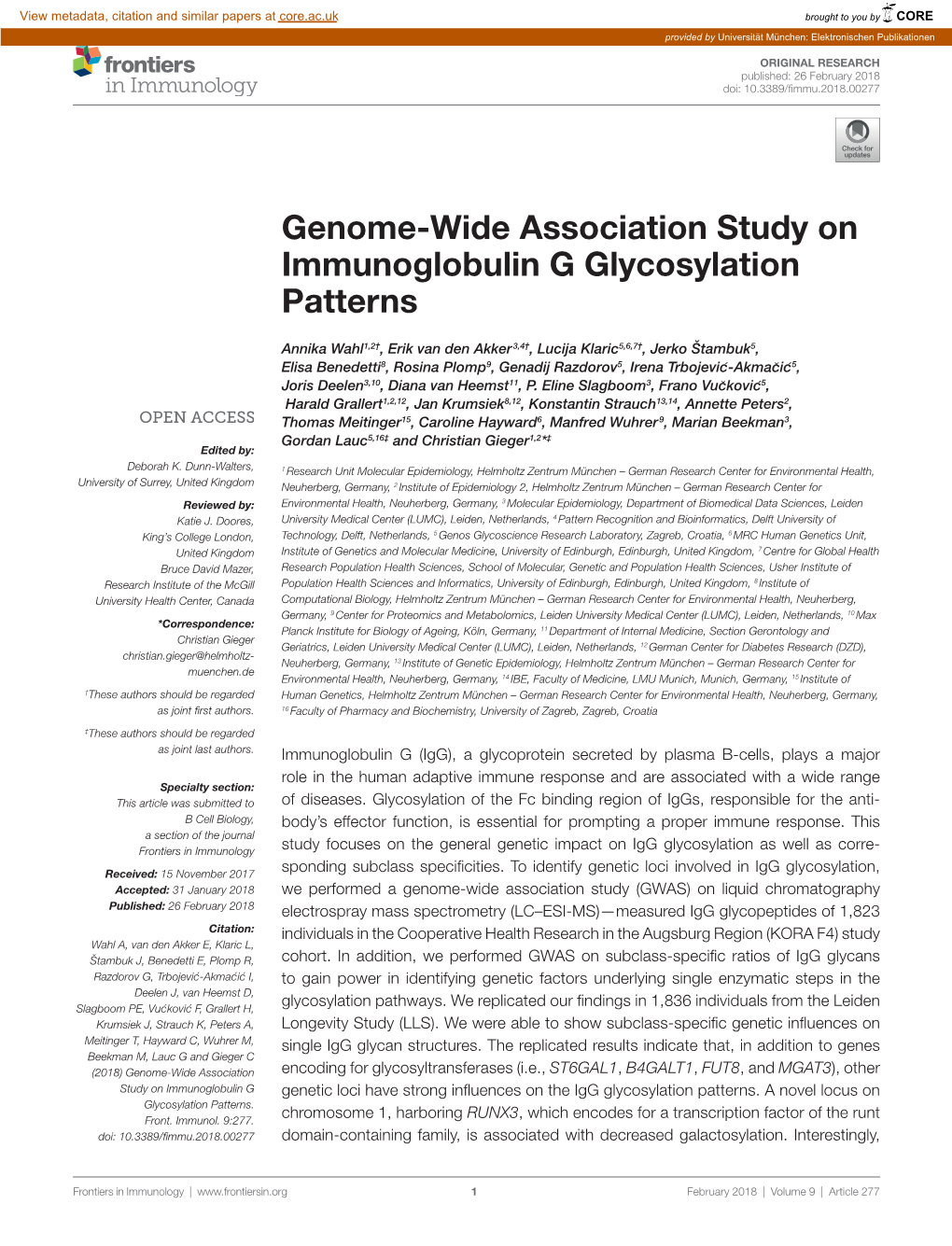 Genome-Wide Association Study on Immunoglobulin G Glycosylation Patterns