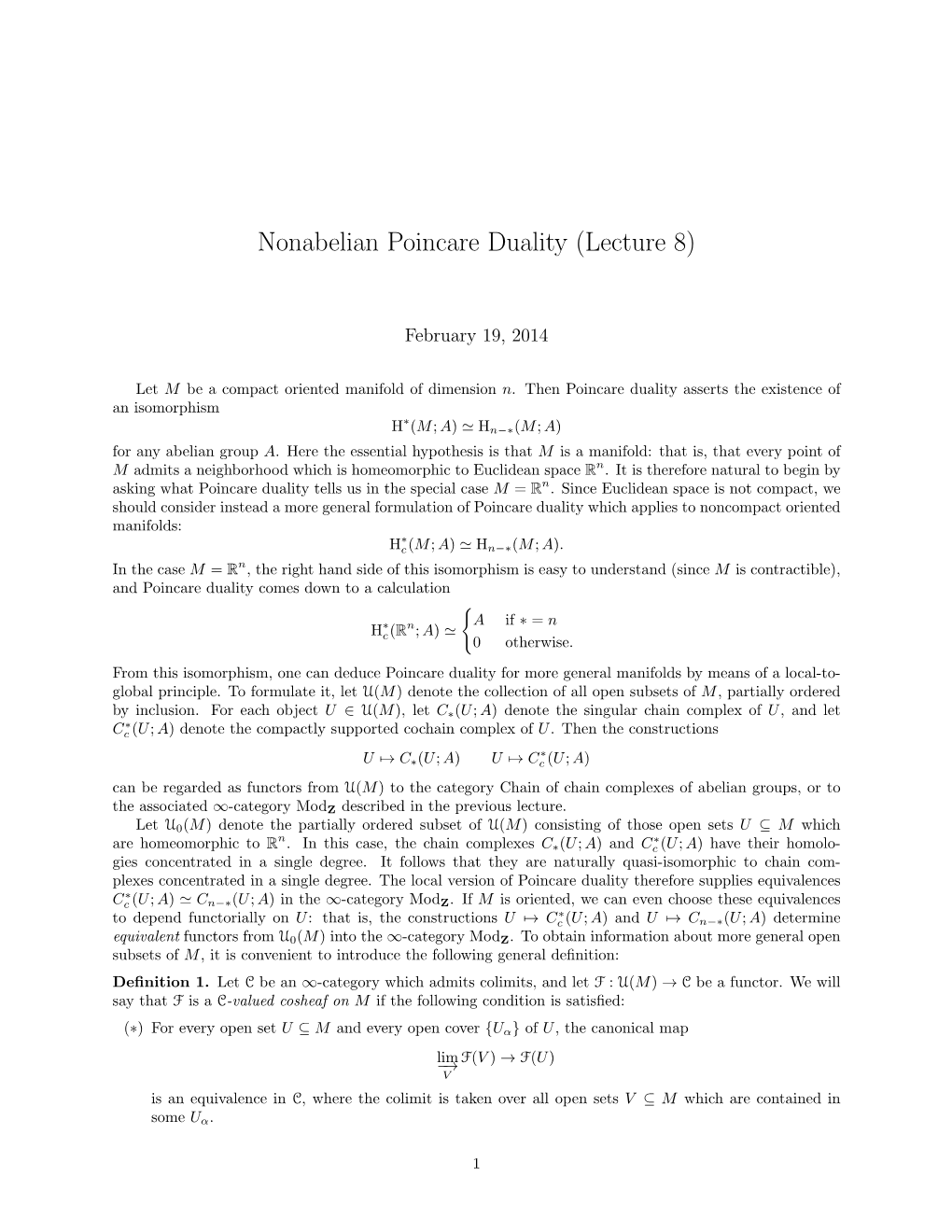 Nonabelian Poincare Duality (Lecture 8)