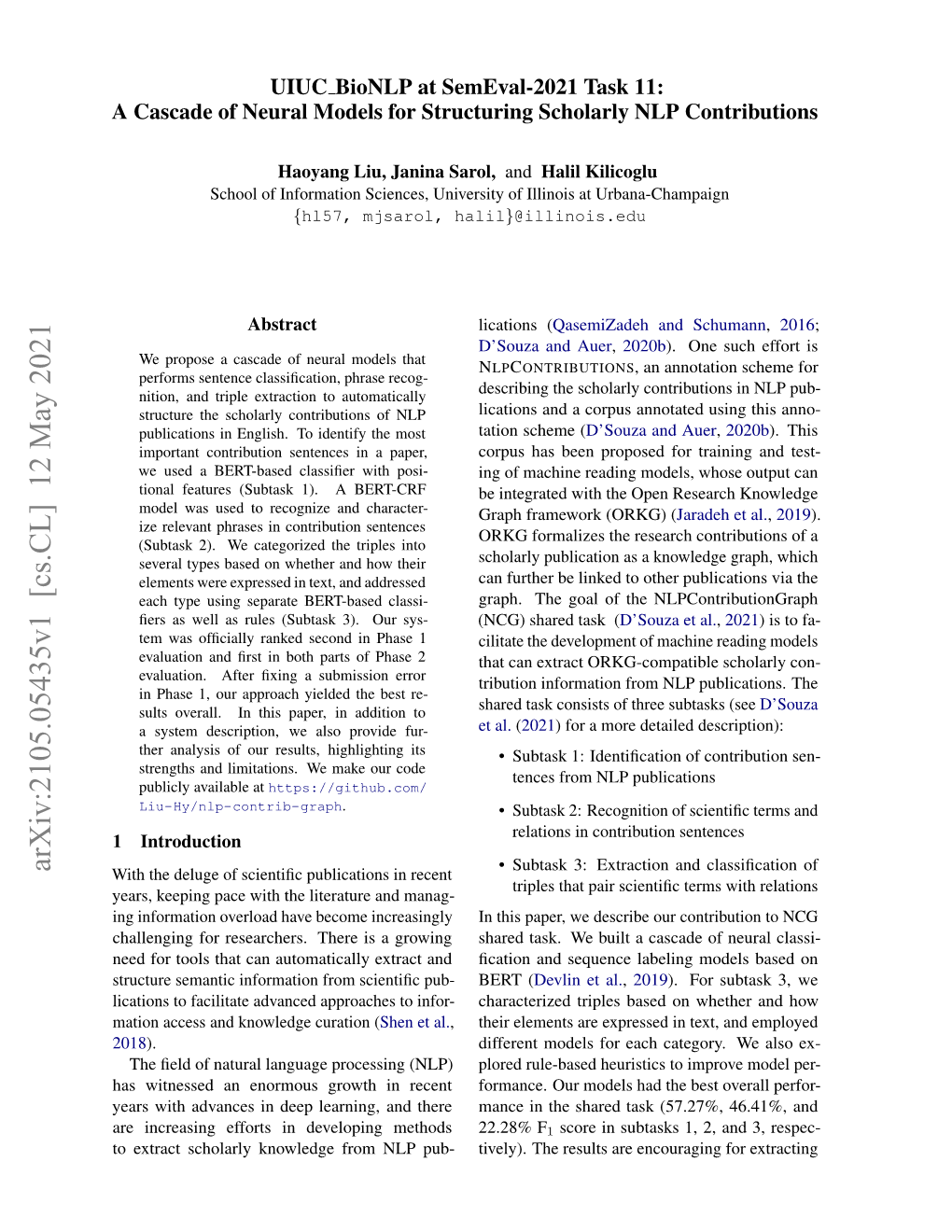 UIUC Bionlp at Semeval-2021 Task 11: a Cascade of Neural Models For