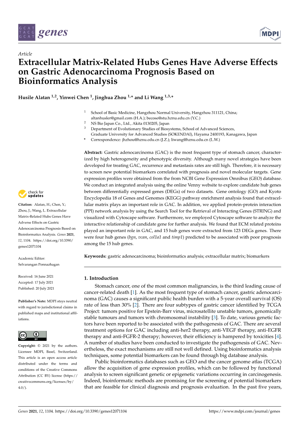 Extracellular Matrix-Related Hubs Genes Have Adverse Effects on Gastric Adenocarcinoma Prognosis Based on Bioinformatics Analysis