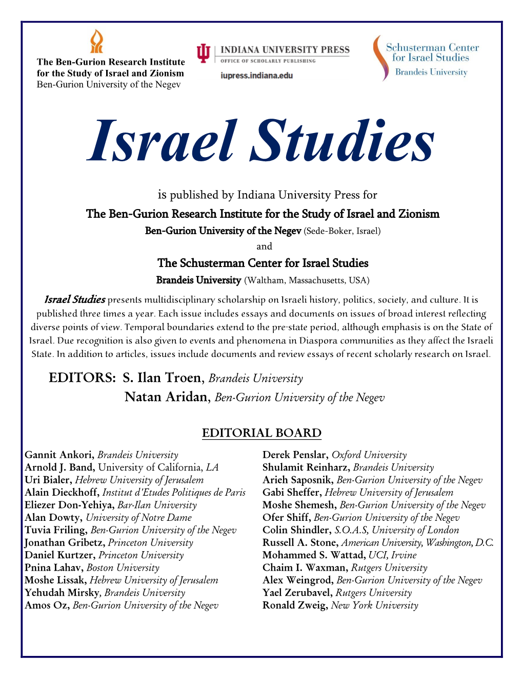 EDITORS: S. Ilan Troen, Brandeis University