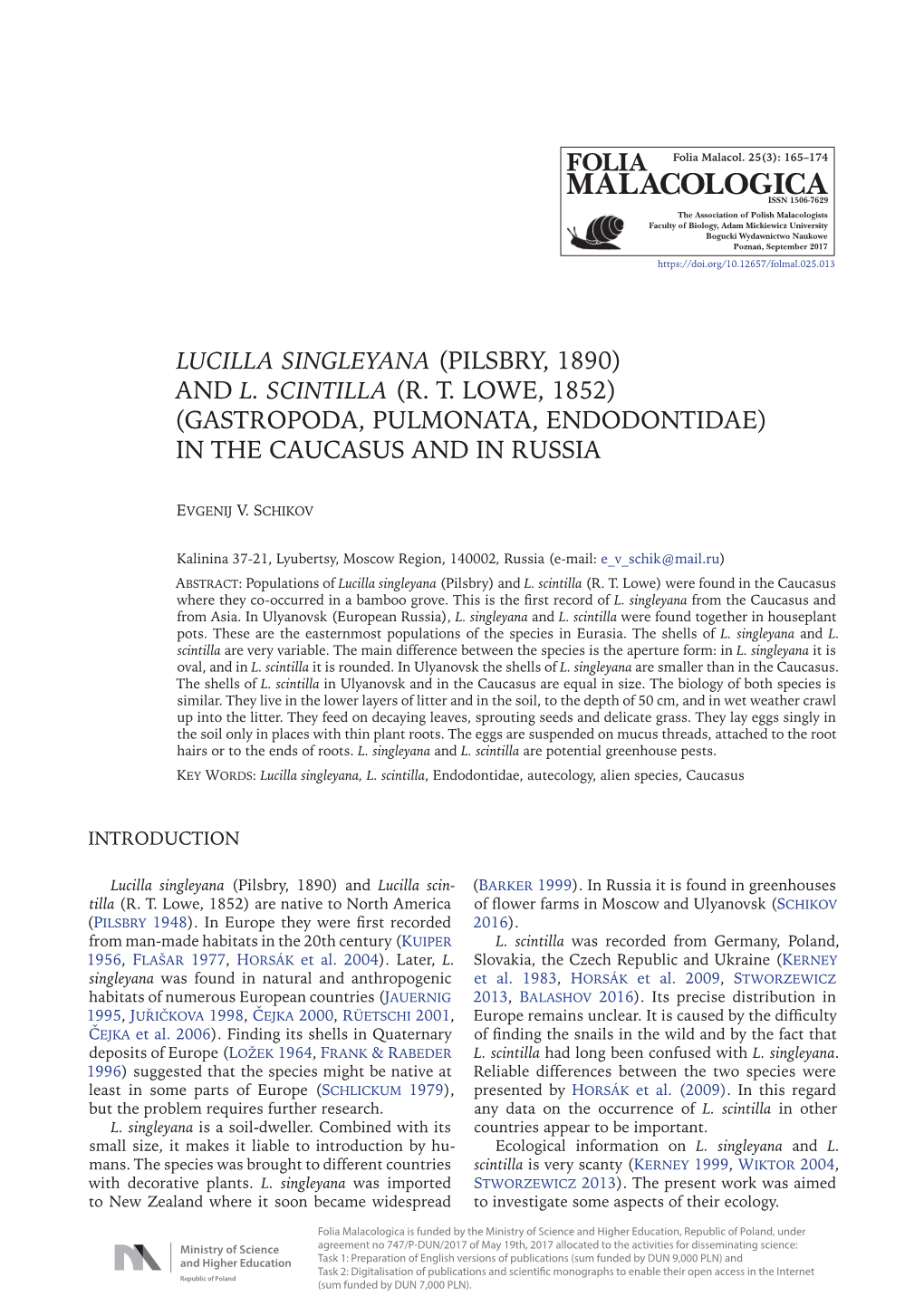 Lucilla Singleyana (Pilsbry, 1890) and L. Scintilla (R. T. Lowe, 1852) (Gastropoda, Pulmonata, Endodontidae) in the Caucasus and in Russia