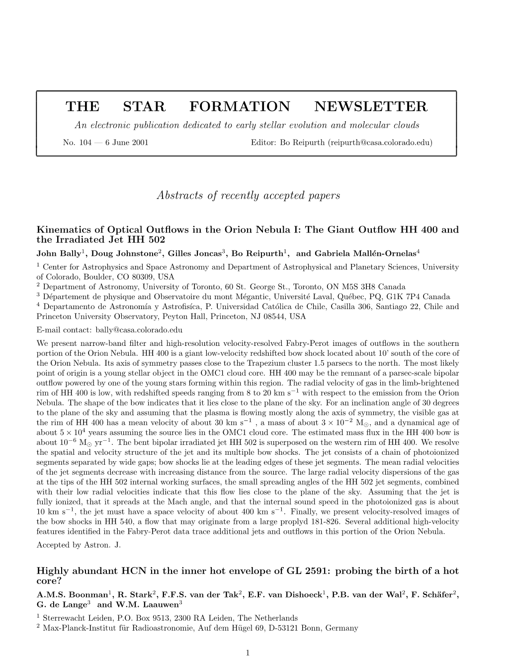 THE STAR FORMATION NEWSLETTER an Electronic Publication Dedicated to Early Stellar Evolution and Molecular Clouds