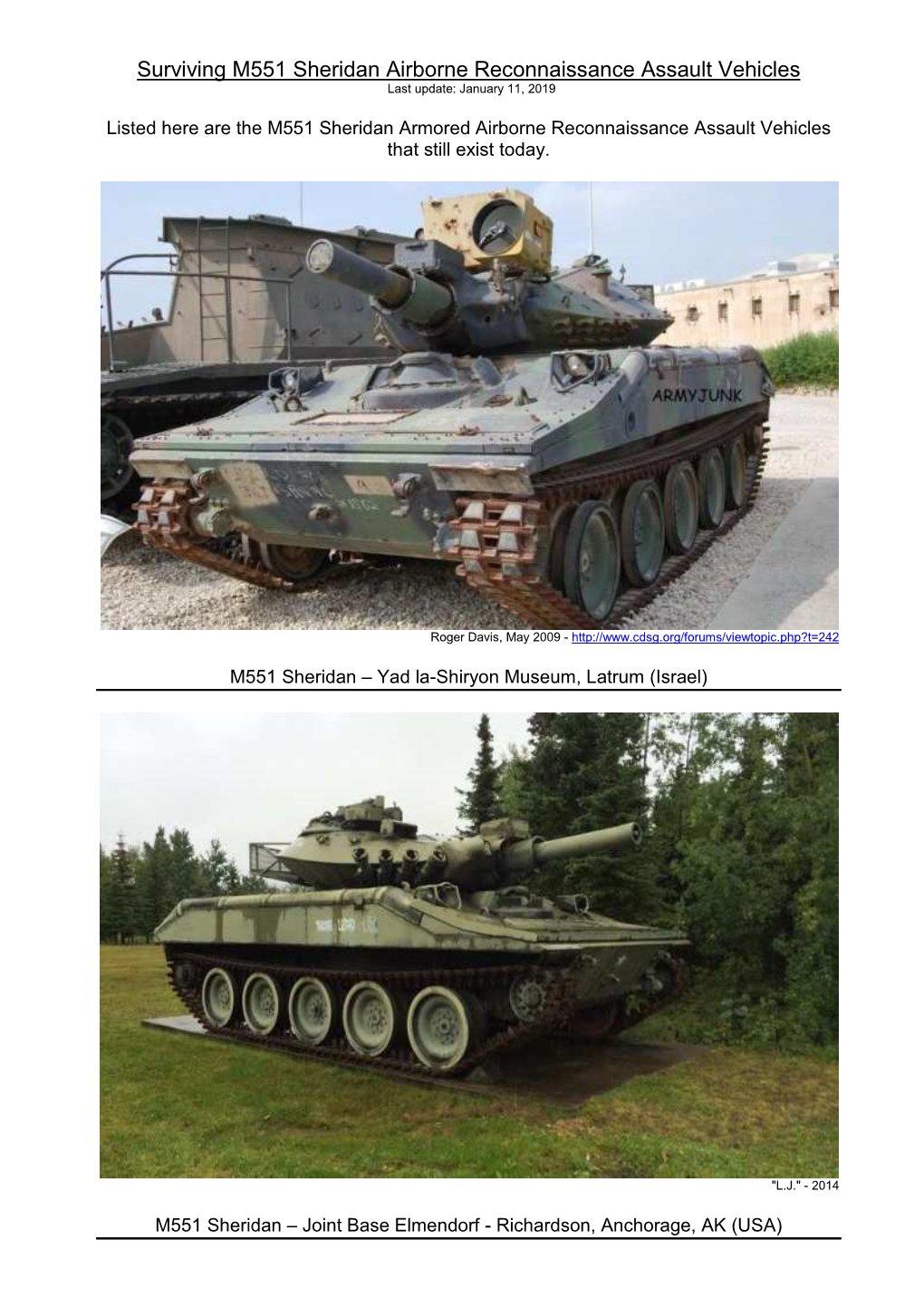 Surviving M551 Sheridan Airborne Reconnaissance Assault Vehicles Last Update: January 11, 2019