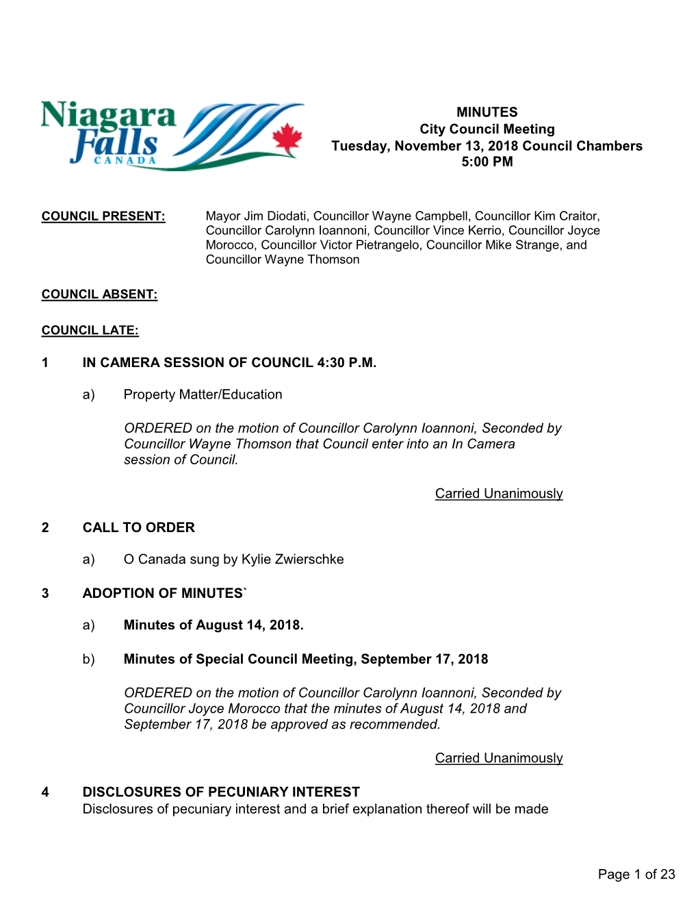 City Council Meeting Tuesday, November 13, 2018 Council Chambers 5:00 PM