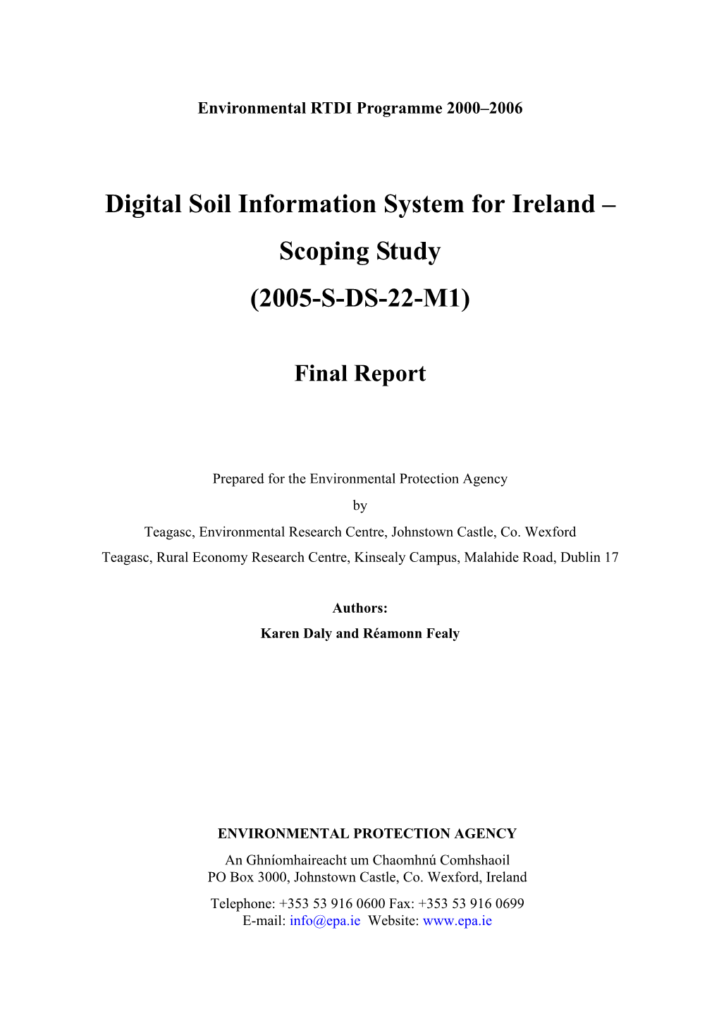 Digital Soil Information System for Ireland – Scoping Study (2005-S-DS-22-M1)