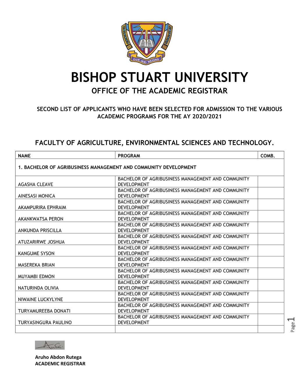 Bishop Stuart University Office of the Academic Registrar