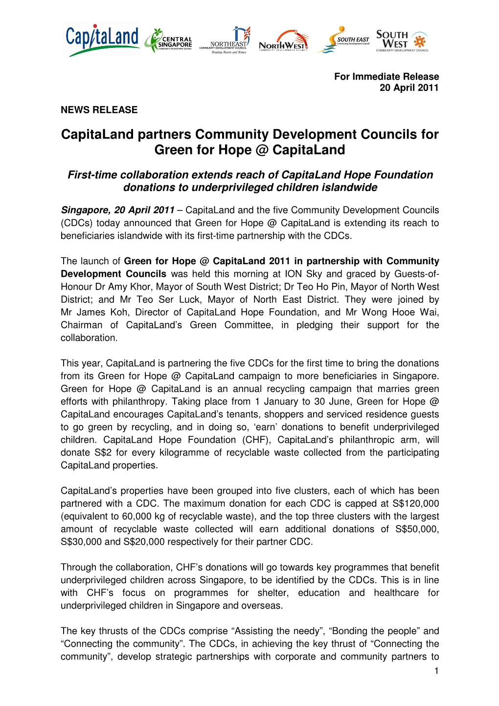 Capitaland Partners Community Development Councils for Green for Hope @ Capitaland