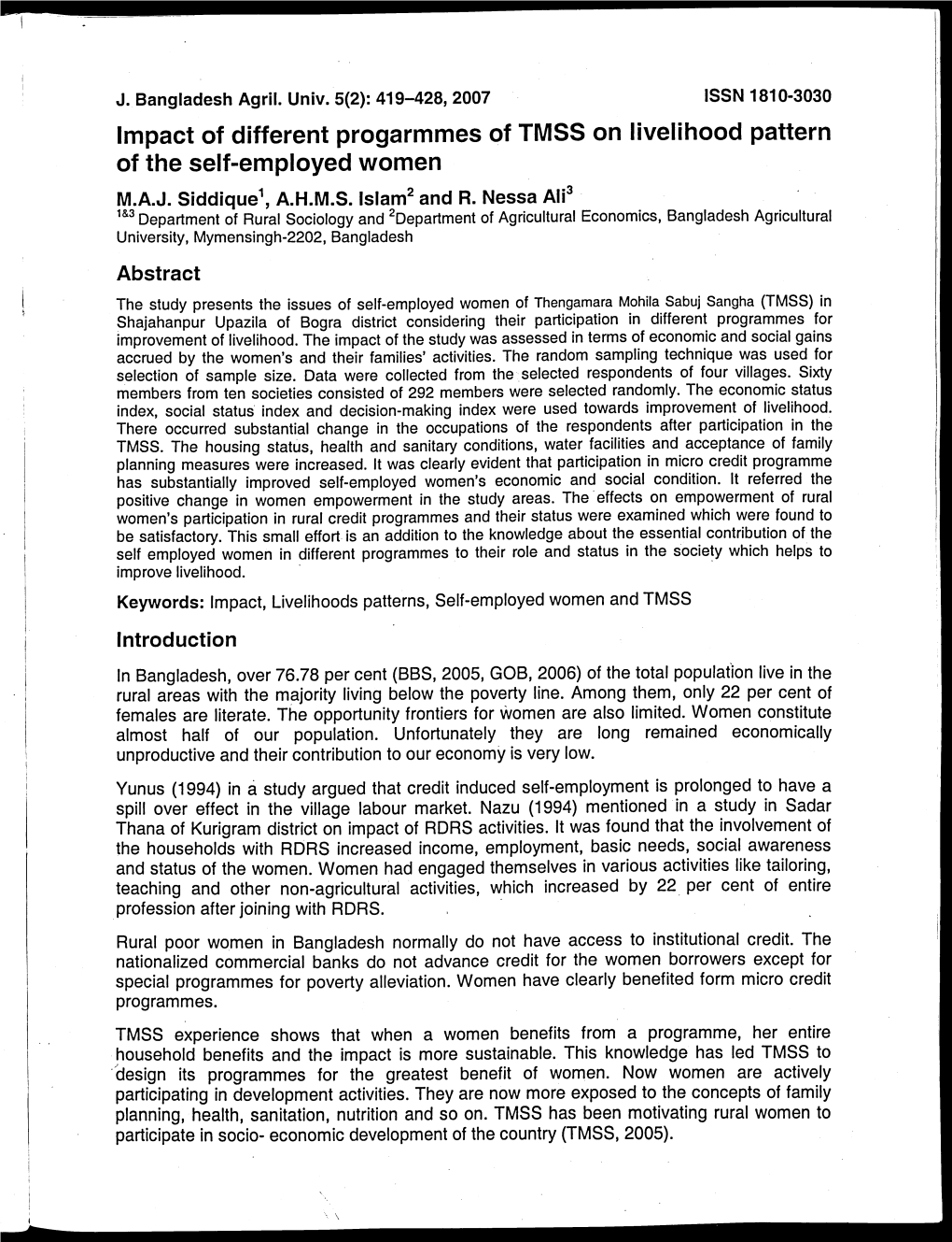 Impact of Different Progarmmes of TMSS on Livelihood Pattern of the Self-Employed Women M.A.J