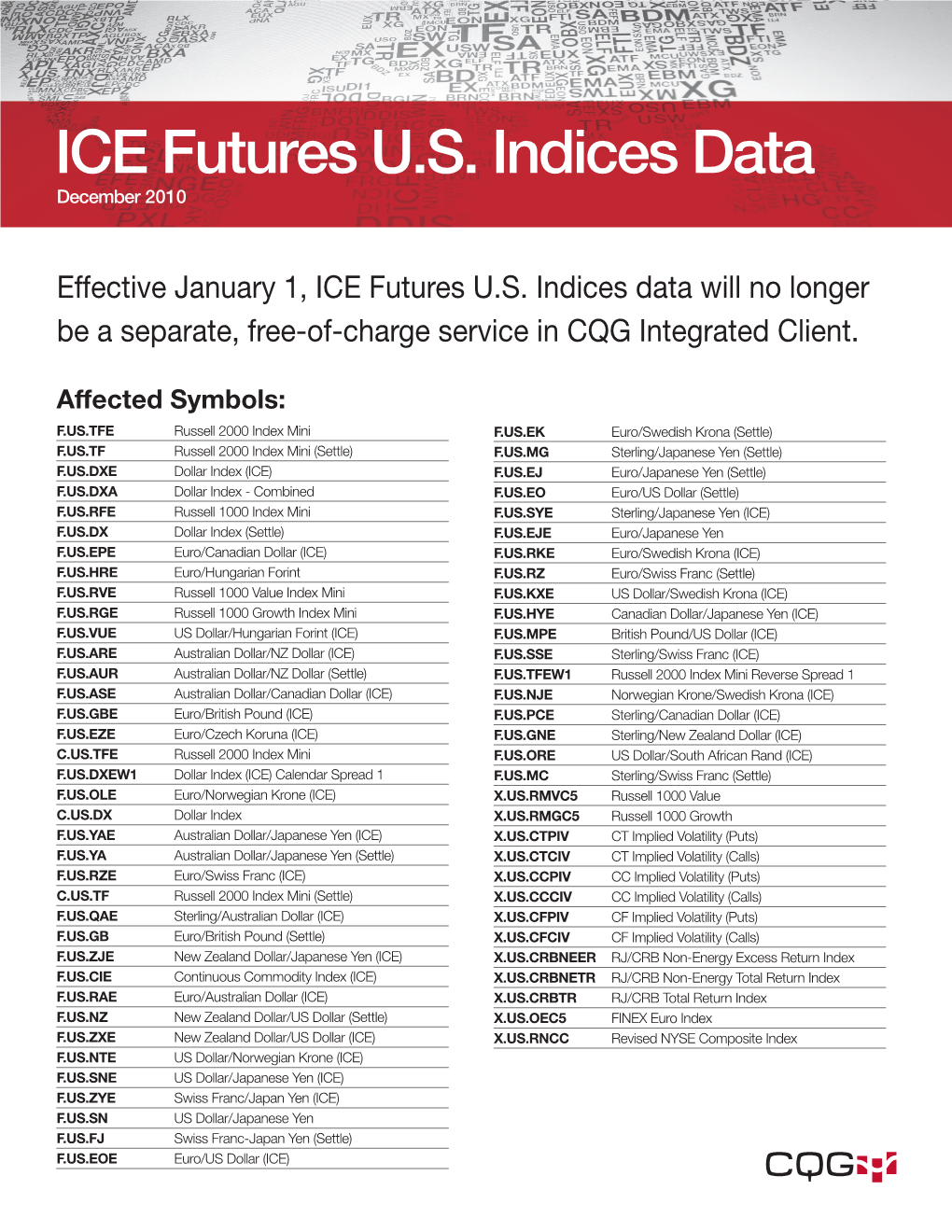 ICE Futures U.S. Indices Data Will No Longer Be a Separate, Free-Of-Charge Service in CQG Integrated Client