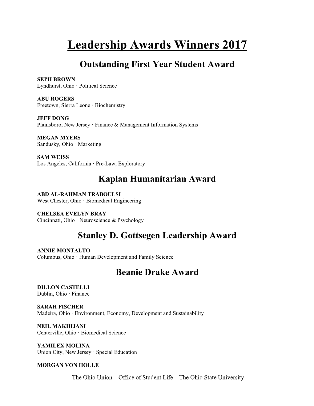 Congratulations to the 46Th Annual Leadership Award Recipients (May