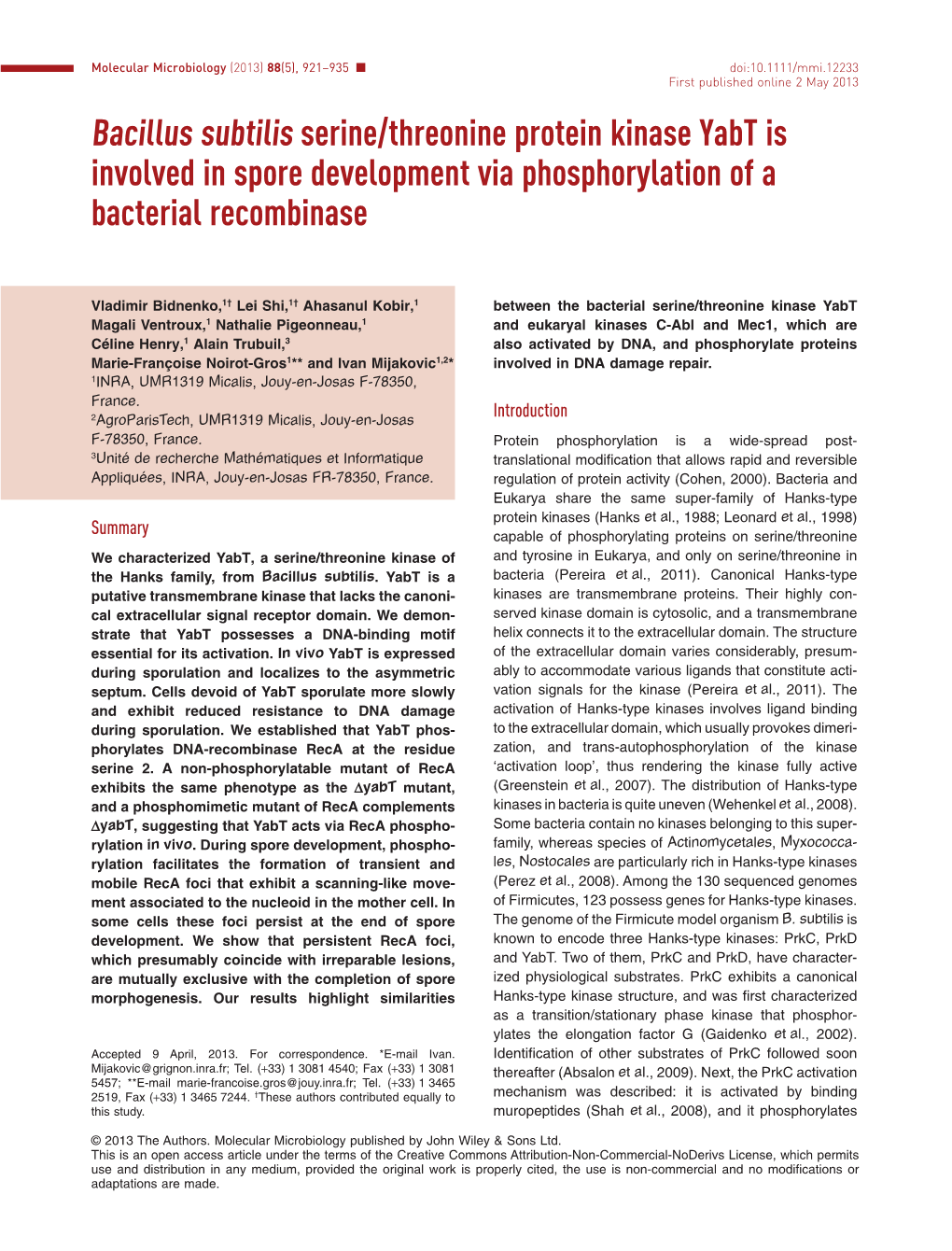 Bacillus Subtilis Serine/Threonine Protein Kinase Yabt Is Involved in Spore Development Via Phosphorylation of a Bacterial Recombinase