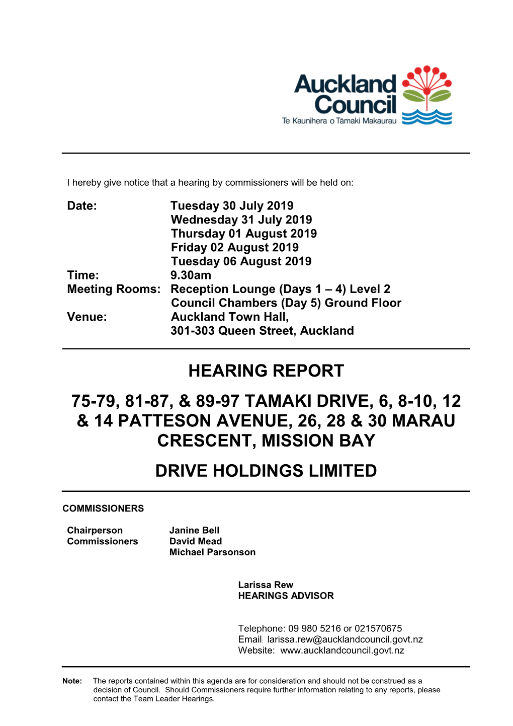 Hearing Report 75-79, 81-87, & 89-97 Tamaki Drive, 6, 8-10, 12