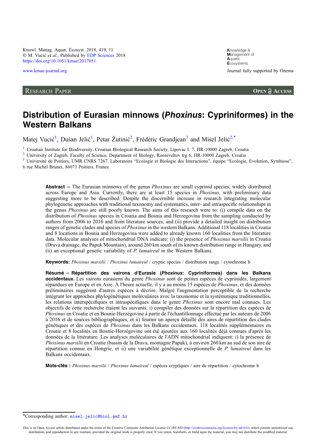 Distribution of Eurasian Minnows (Phoxinus: Cypriniformes) in the Western Balkans