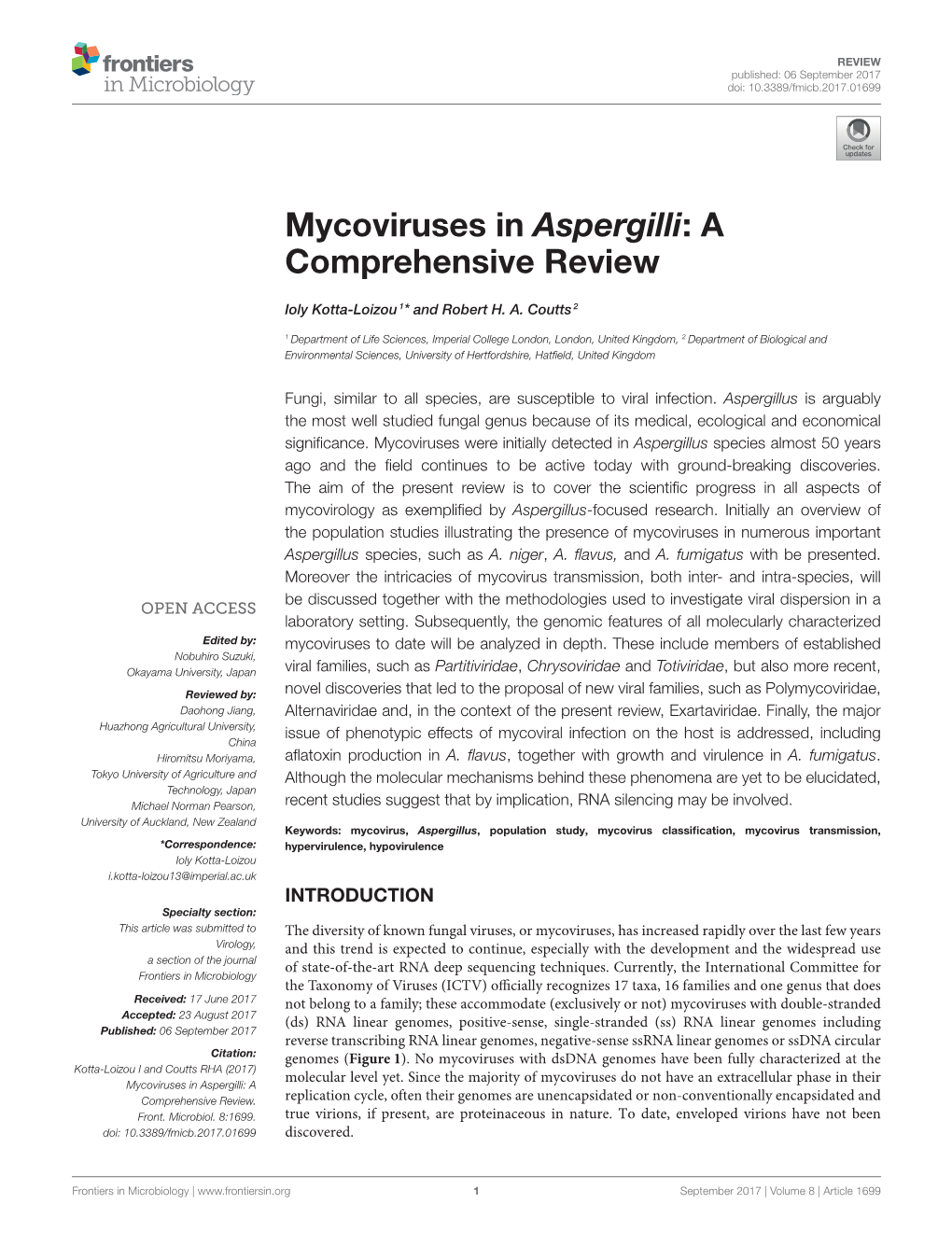 Mycoviruses in Aspergilli: a Comprehensive Review