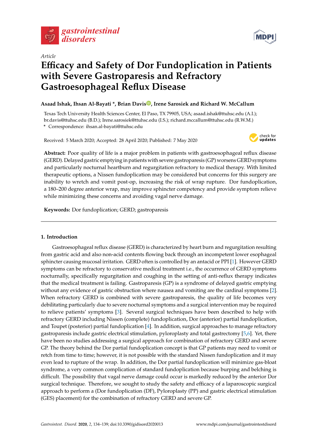 Efficacy and Safety of Dor Fundoplication in Patients