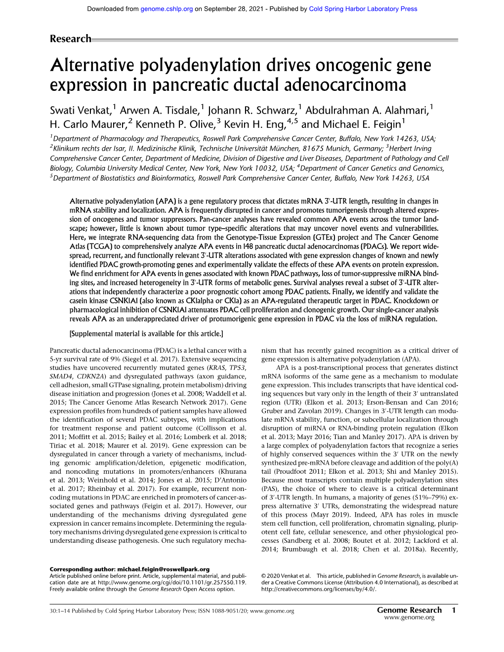 Alternative Polyadenylation Drives Oncogenic Gene Expression in Pancreatic Ductal Adenocarcinoma