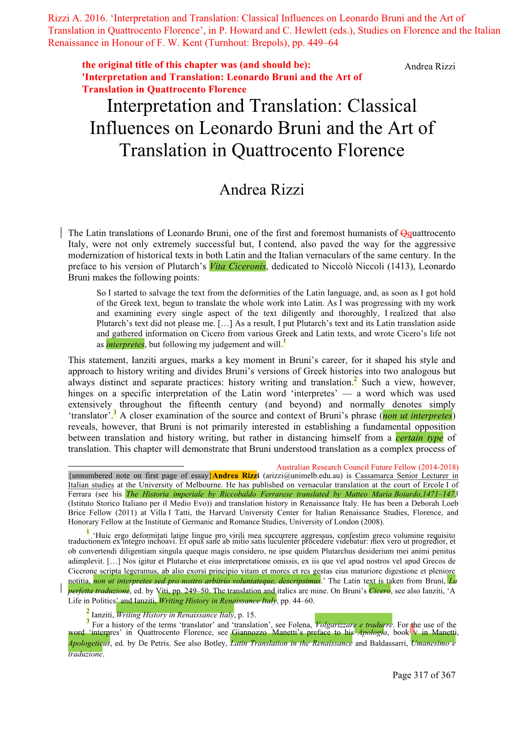 Classical Influences on Leonardo Bruni and the Art of Translation in Quattrocento Florence’, in P