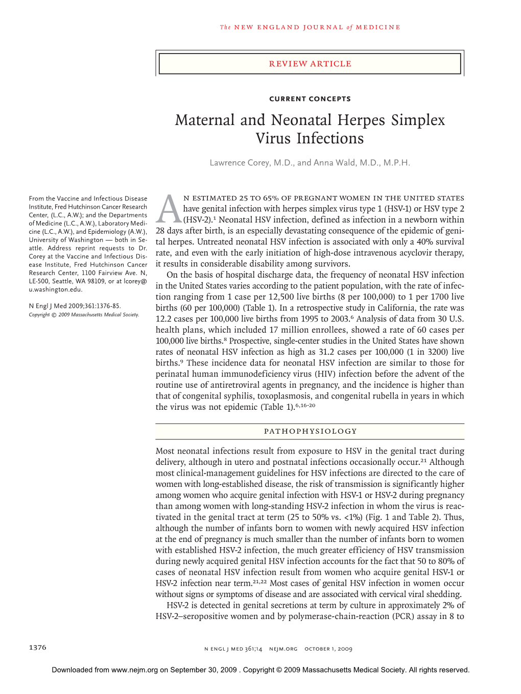 Maternal and Neonatal Herpes Simplex Virus Infections