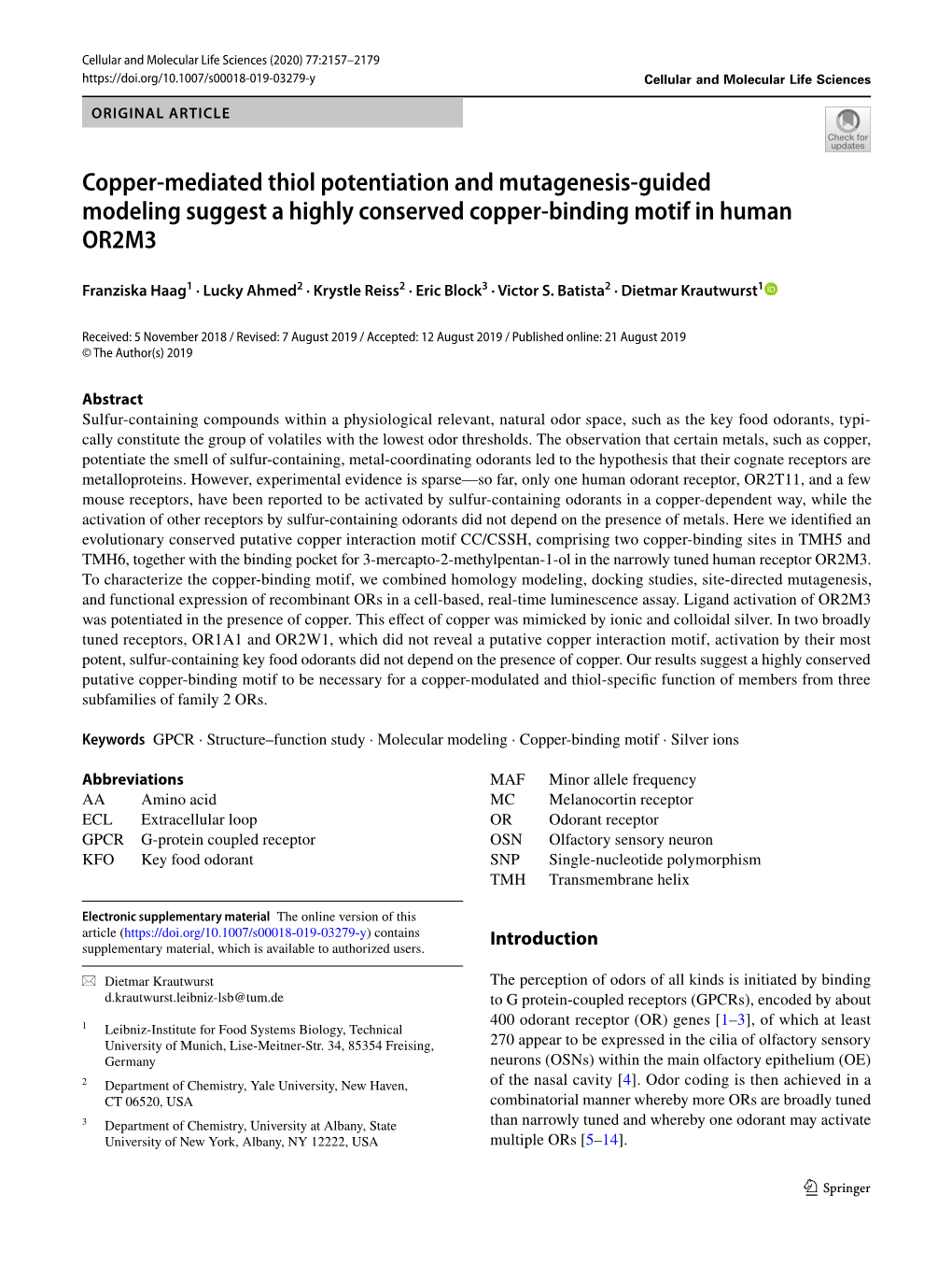 Copper-Mediated Thiol Potentiation and Mutagenesis-Guided Modeling Suggest a Highly Conserved… 2159