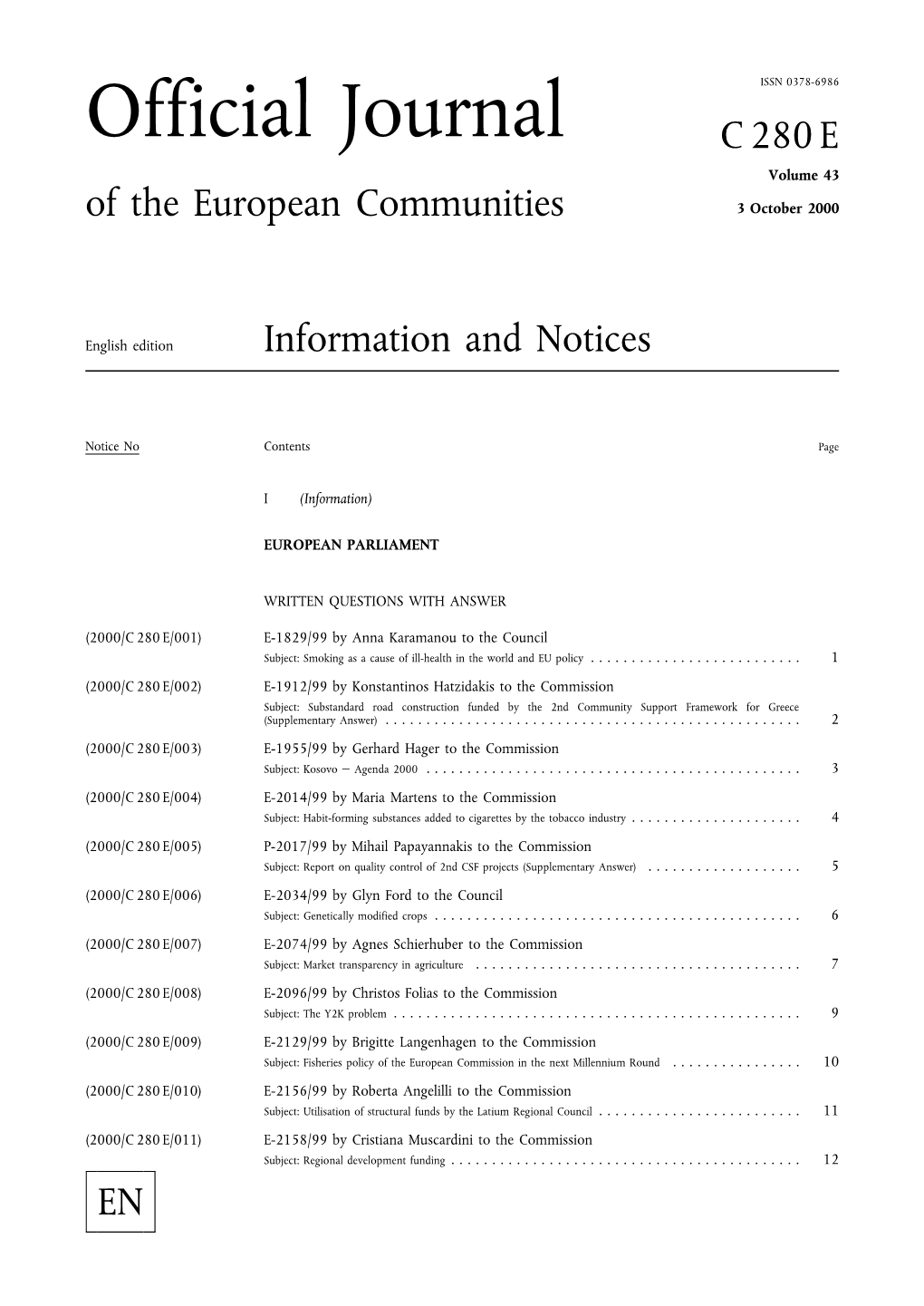 Official Journal C 280 E Volume 43 of the European Communities 3 October 2000