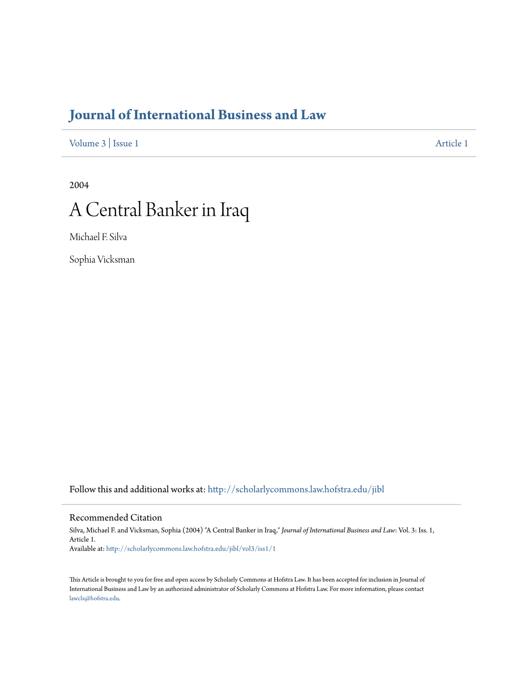 A Central Banker in Iraq Michael F