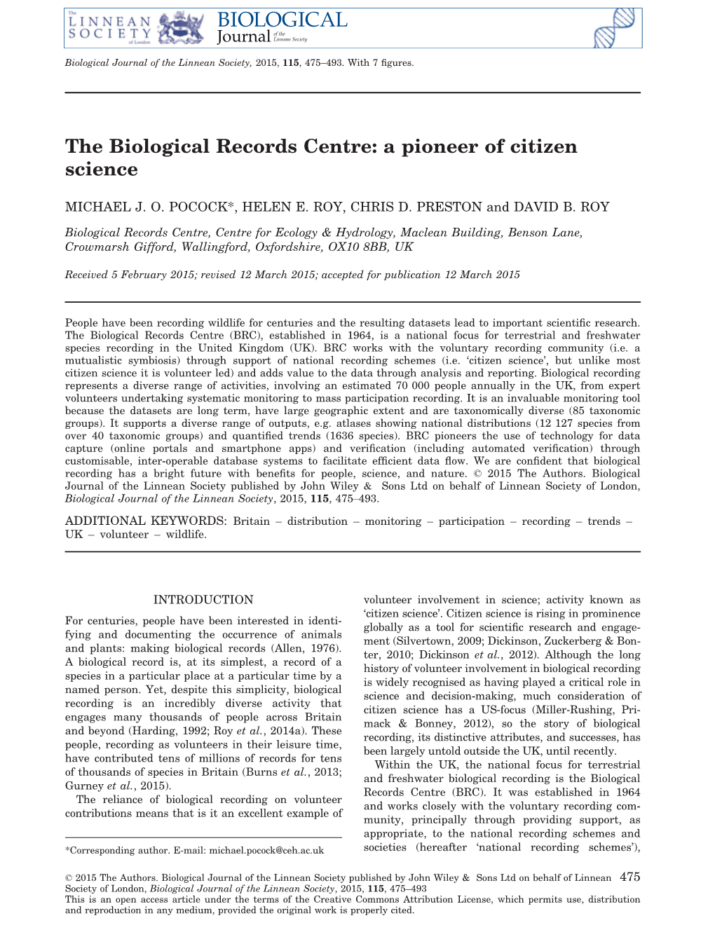 The Biological Records Centre: a Pioneer of Citizen Science