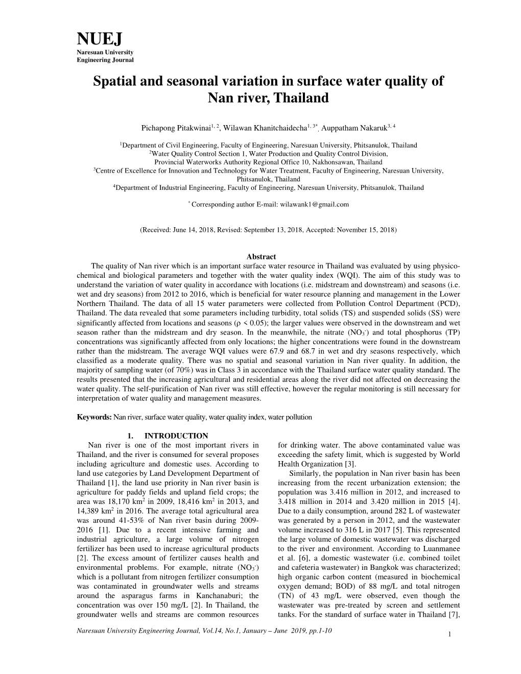 Spatial and Seasonal Variation in Surface Water Quality of Nan River, Thailand