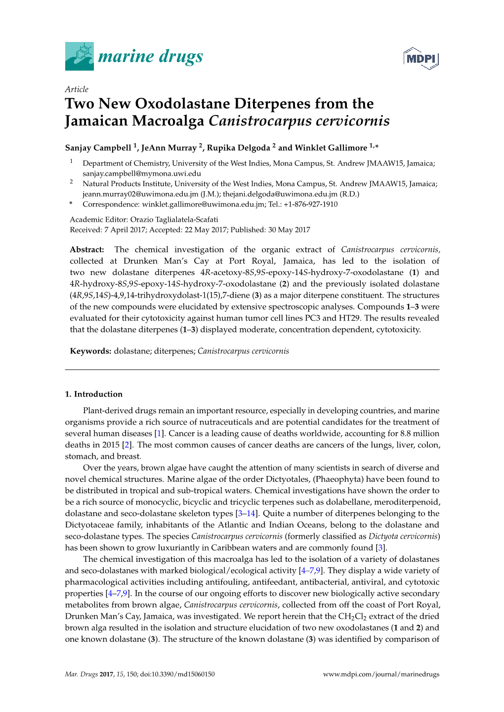 Two New Oxodolastane Diterpenes from the Jamaican Macroalga Canistrocarpus Cervicornis