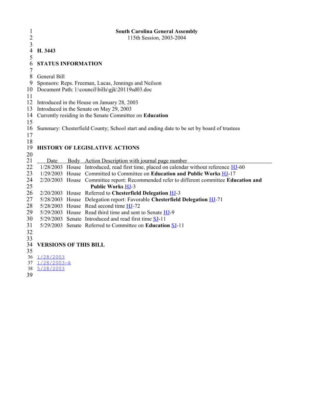 2003-2004 Bill 3443: Chesterfield County; School Start and Ending Date to Be Set by Board