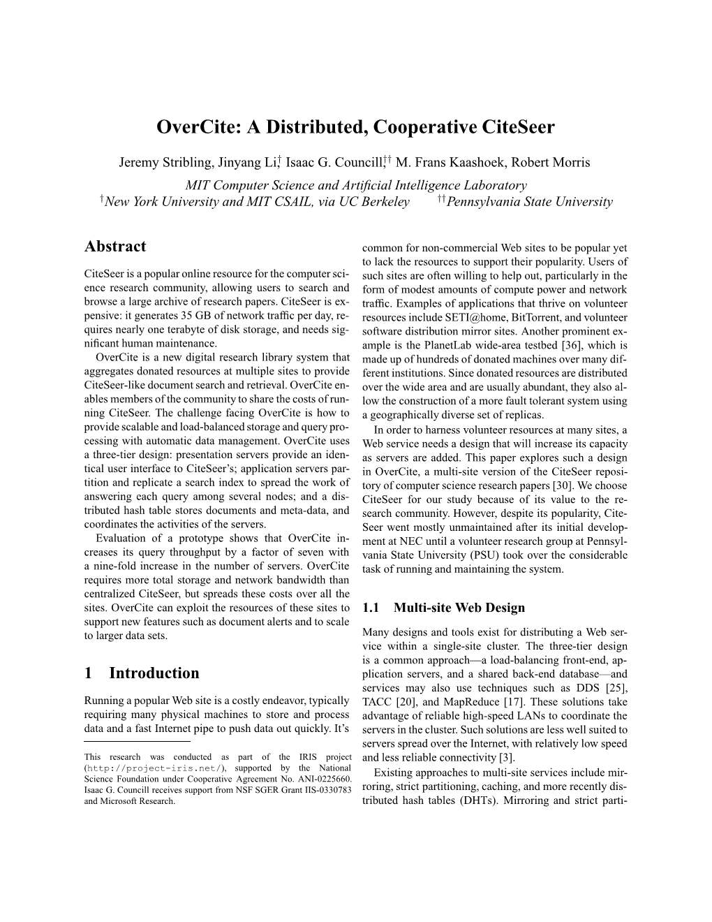 Overcite: a Distributed, Cooperative Citeseer