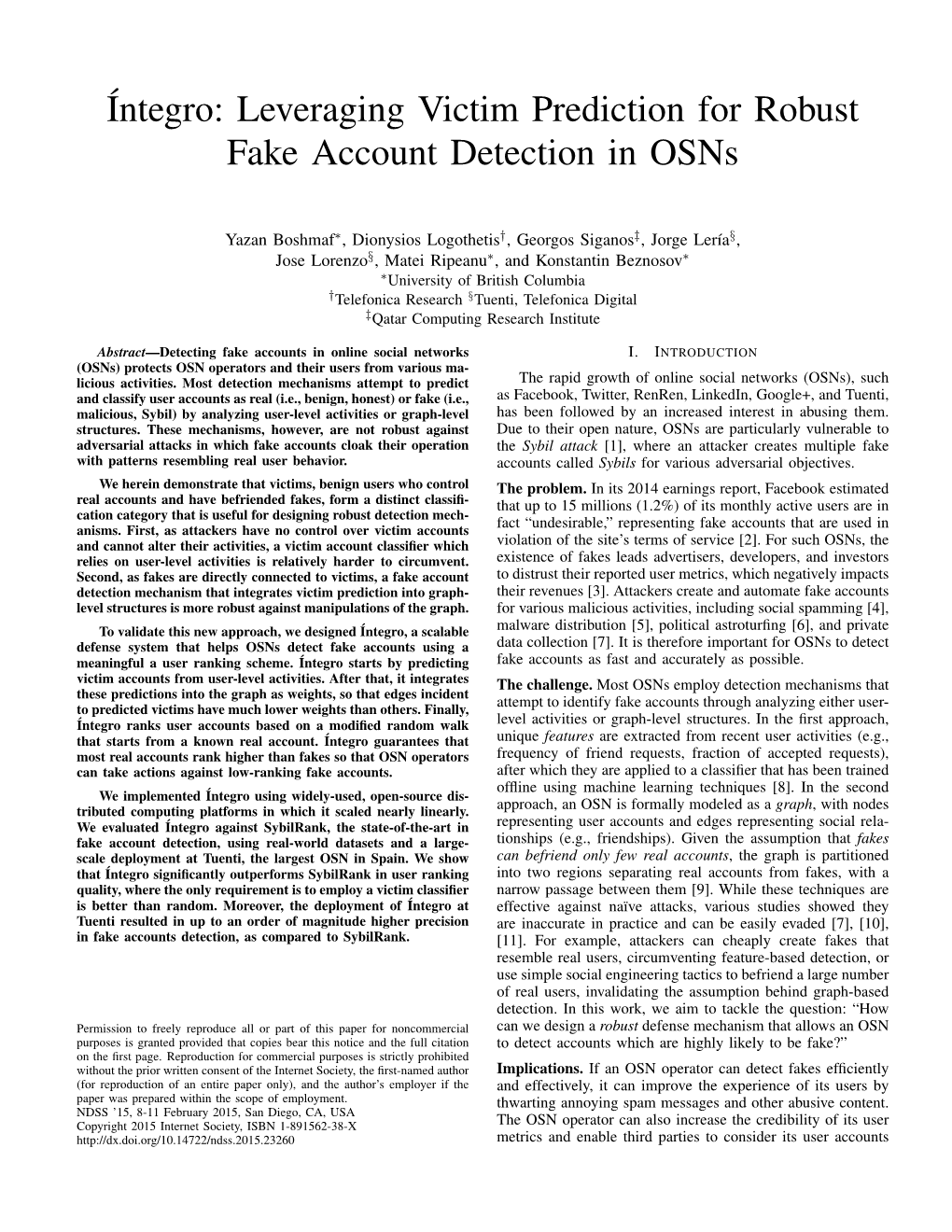 Íntegro: Leveraging Victim Prediction for Robust Fake Account Detection in Osns