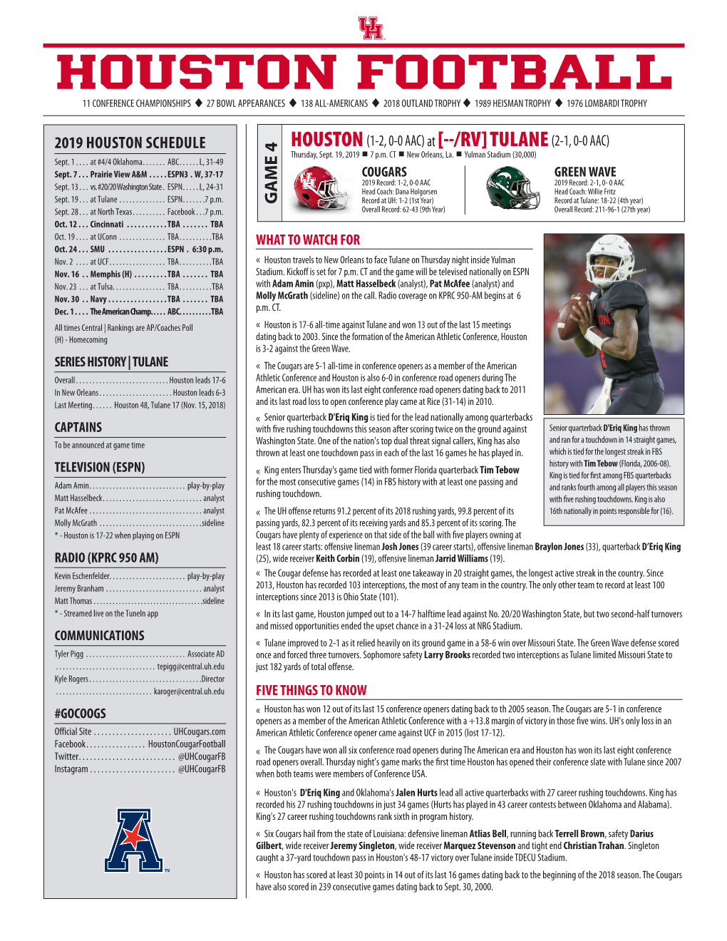 HOUSTON Football 11 CONFERENCE CHAMPIONSHIPS U 27 BOWL APPEARANCES U 138 ALL-AMERICANS U 2018 OUTLAND TROPHY U 1989 HEISMAN TROPHY U 1976 LOMBARDI TROPHY
