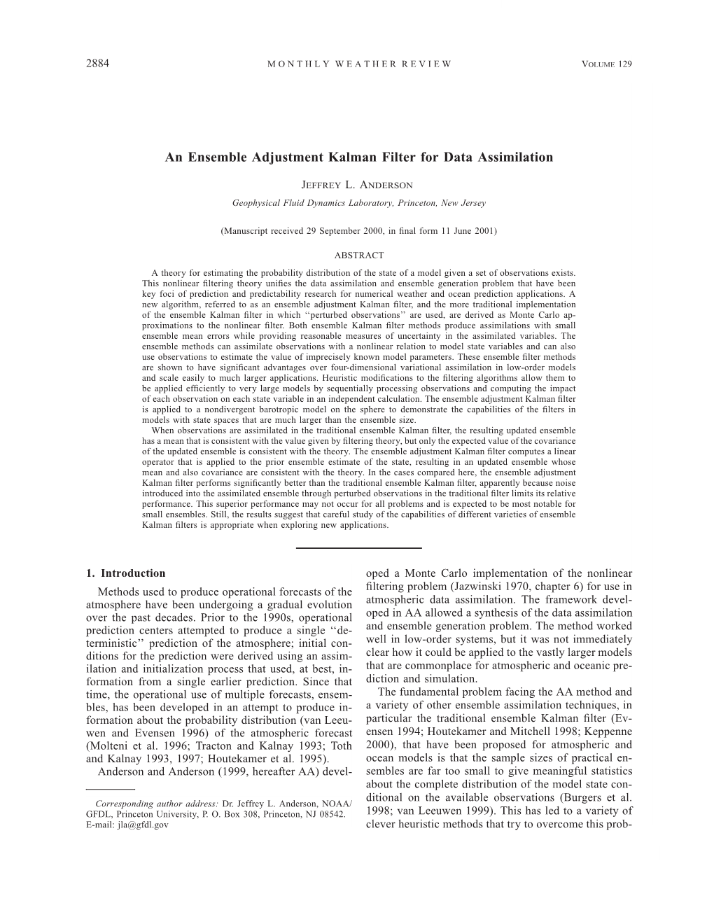An Ensemble Adjustment Kalman Filter for Data Assimilation