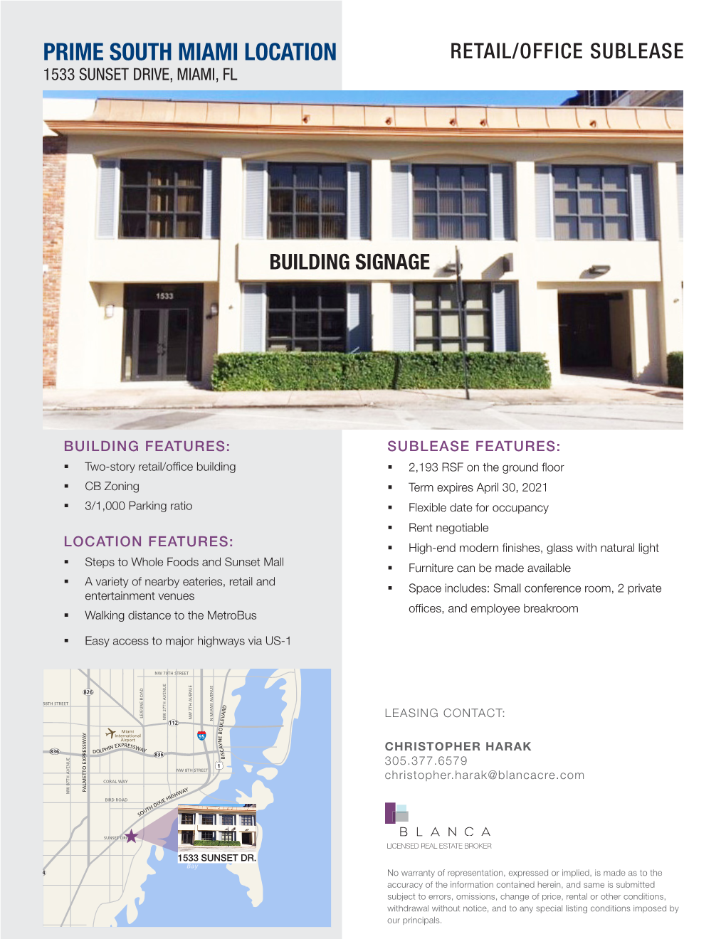 Prime South Miami Location Retail/Office Sublease 1533 Sunset Drive, Miami, Fl