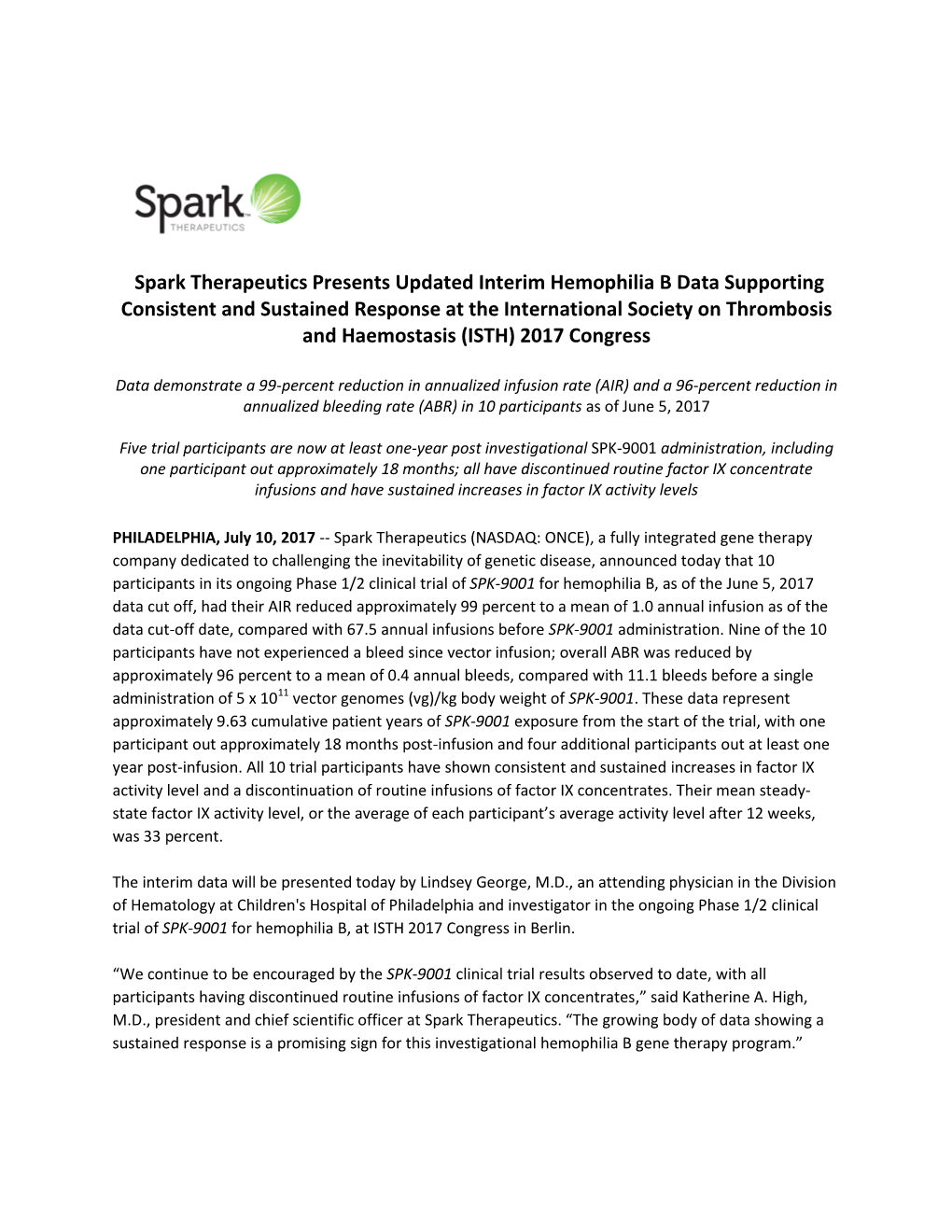 Spark Therapeutics Presents Updated Interim Hemophilia B Data