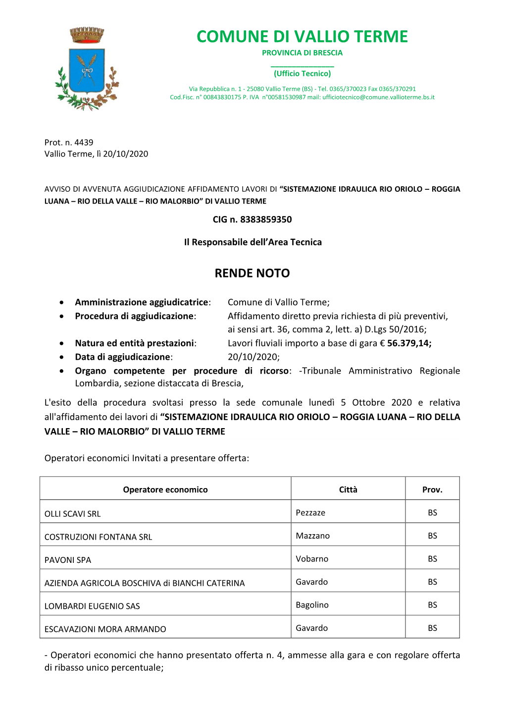 COMUNE DI VALLIO TERME PROVINCIA DI BRESCIA ______(Ufficio Tecnico)